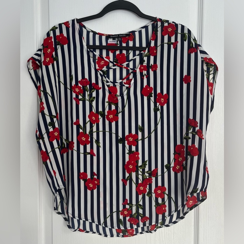 Sweet Rain Red/Navy/White Striped Floral Loose-Fit Blouse Sz Medium